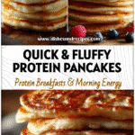 Stack of fluffy protein pancakes with milk and vanilla, showing how to make high protein pancakes without eggs.